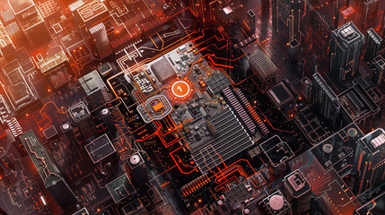 background with squares, An eye-catching digital banner design with the closeup of a computer motherboard and safety lock, symbolizing the integration of advanced cybersecurity measures