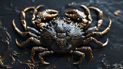 A Cancer crab gold emblem, featuring detailed pincers and a textured shell, its polished surface gleaming against the contrasting black. 