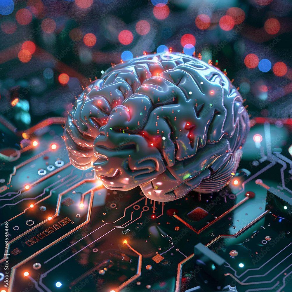 Poster digital illustration of a brain interconnected with electronic circuits.