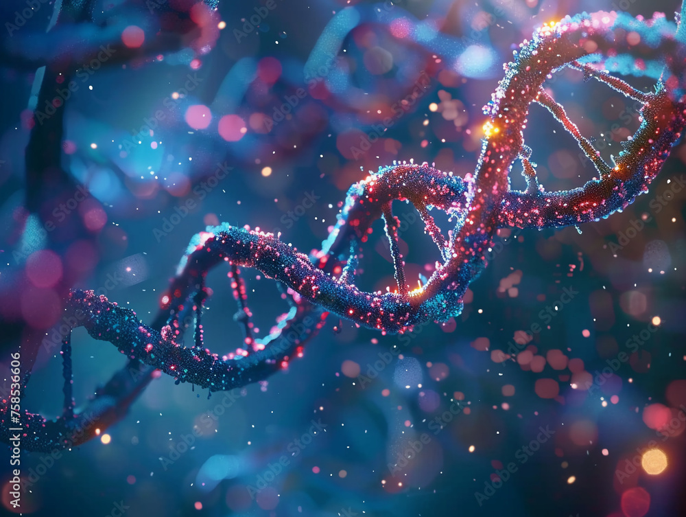 Poster sparkling dna helix structure with vibrant colors representing life science.