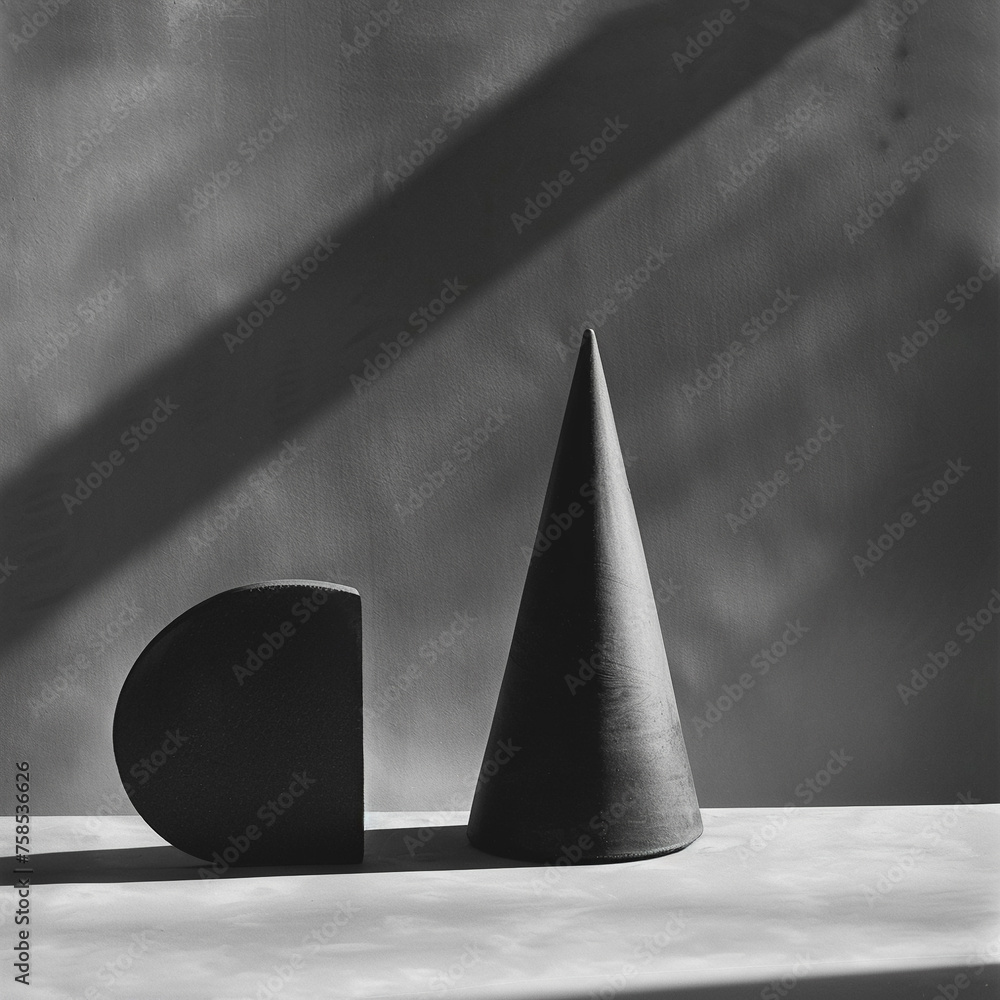 Poster abstract composition of geometric shapes with a conical form in monochrome.