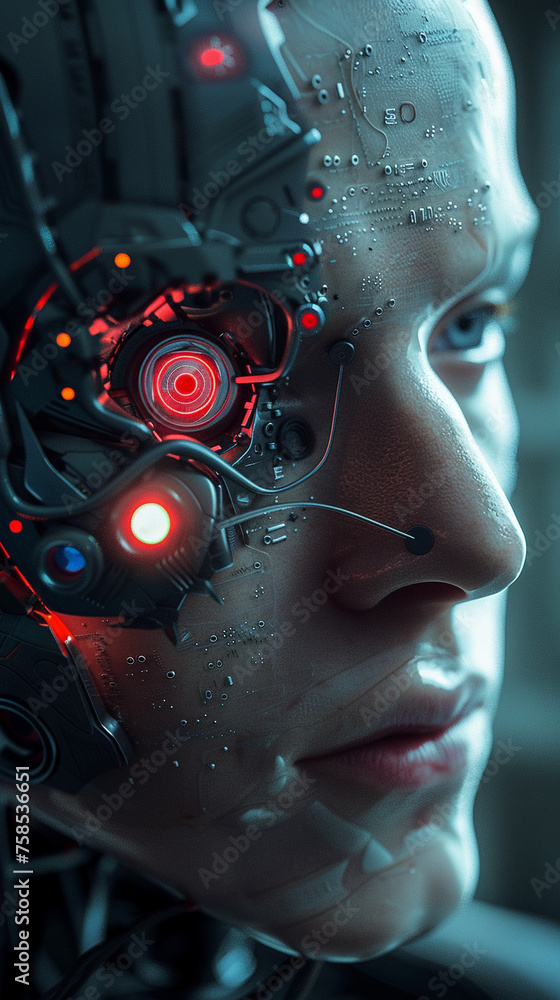 Poster portrait of a cybernetic humanoid with advanced technology integration.