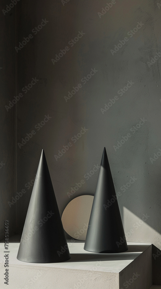 Poster monochromatic study of geometric shapes with cones on a textured backdrop.