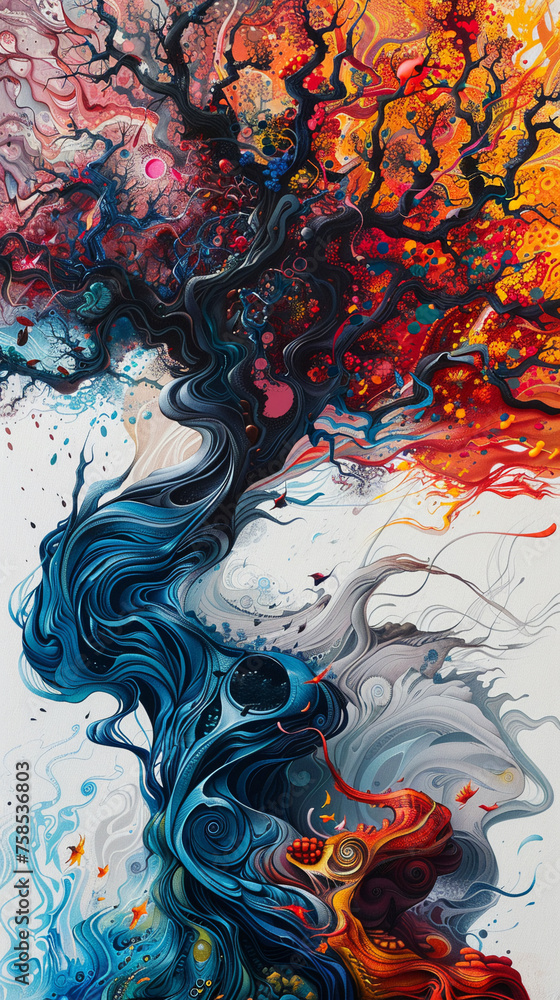 Poster artistic representation of a colorful tree with vivid paint splashes.