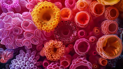 Microscopic view of colorful tubular structures, fitting for scientific and medical visuals.