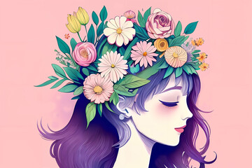 An AI cartoon girl with flowers in her hair and around her. Healthy and happy mental state of mind.