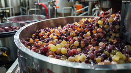 Vat of mixed grapes in a winery, depicting the beginning of wine production. - obrazy, fototapety, plakaty