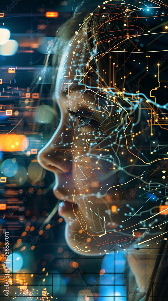 Poster portrait of a woman with digital neural network overlay symbolizing ai and big data.