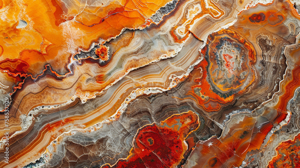 Poster abstract agate stone texture with intricate patterns and vibrant orange tones.