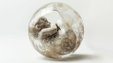 Transparent sphere containing a fetal figure curled up, concept for birth and life.