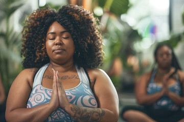 Portrait of black woman practicing yoga. Wellness and balance, meditating