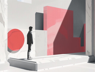 Man observes abstract red and white geometric art in a gallery setting.