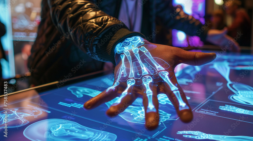 Poster interactive digital display simulating skeletal hand structure with vivid lighting.