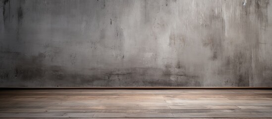 A rectangular room with a hardwood floor in tints and shades of grey, contrasting with a concrete wall resembling an asphalt road surface