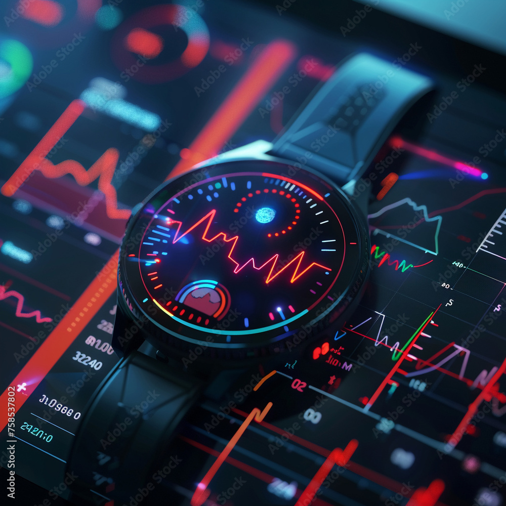Poster smartwatch displaying vibrant health monitoring graphics on a dynamic background.