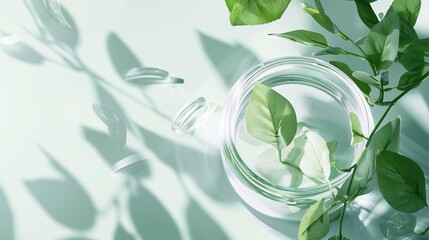 Cosmetic elegance in a round jar, adorned with fresh green leaves. HD clarity captures the natural allure with precision.