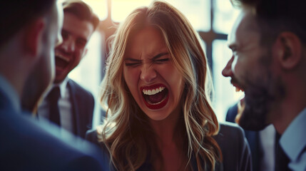 Businesswoman distressed by coworkers' mockery at the office - obrazy, fototapety, plakaty