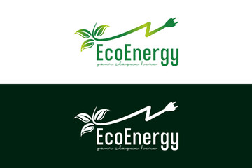 Electric charge leaf design and electrical plug sign. Natural energy eco logo