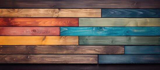 A closeup shot of a hardwood wall showcasing a spectrum of colorful tints and shades created by wood stains, a unique art form in building materials