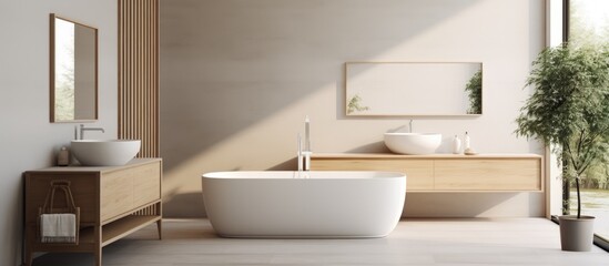 Fototapeta na wymiar Minimalist bathroom design with white and gray tones featuring a freestanding bathtub and wooden washbasin.