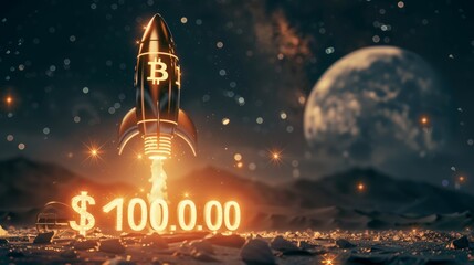 Bitcoin BTC with Rocket launch to space. Mission to the moon, Bullish divergence of crypto currency market, 100000 US Dollar target, 100k Goal - obrazy, fototapety, plakaty