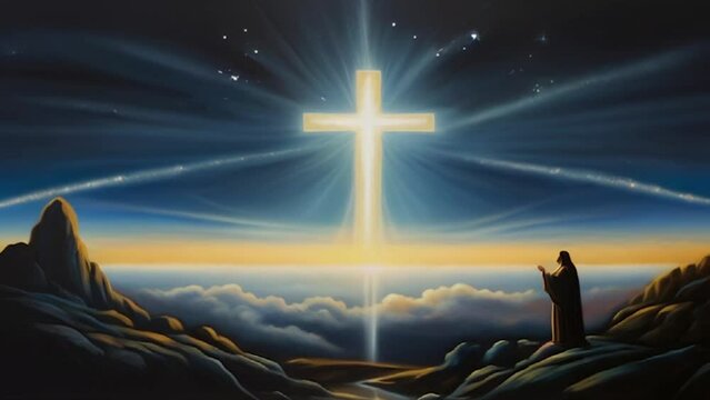 Cartoon drawing animation of jesus christ stand in mountain with cross symbol on sky background and copy space area. Suitable for Videos of Happy Easter, Happy Passover etc.