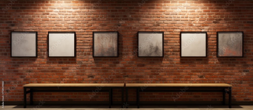 Poster a row of empty wooden frames hang on a brick wall of a building. the rectangular shapes contrast wit