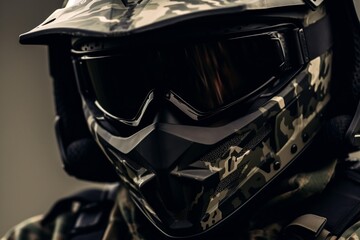 Fototapeta premium Person in Camouflage Goggles and Military Helmet 