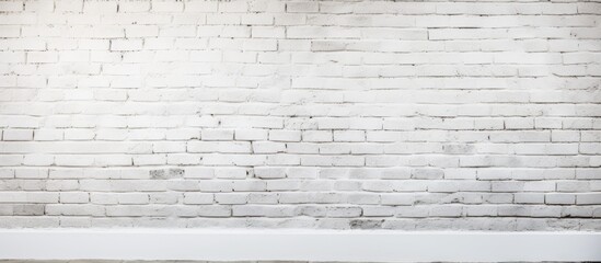 A white rectangular brick wall serves as a backdrop for a white shelf in a monochrome setting, creating a symmetrical pattern. The flooring complements the clean, minimalist design