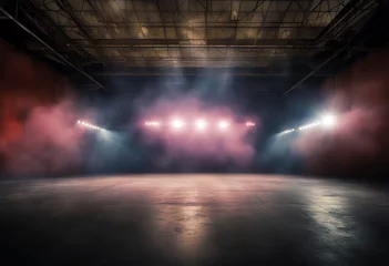 Foto op Plexiglas Bright stadium arena lights Smoke bombs empty dark scene neon light spotlights The concrete floor and studio room with smoke float up the interior texture night view for display products stock photo © mohamedwafi