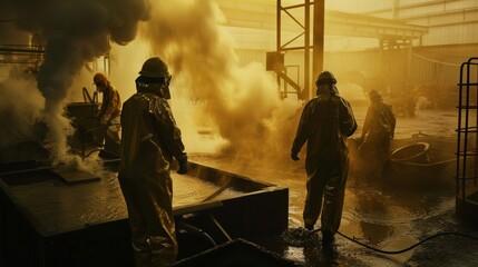 Workers decked in protective gear monitoring the intense heat in the factory.