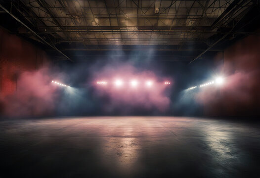 Bright stadium arena lights Smoke bombs empty dark scene neon light spotlights The concrete floor and studio room with smoke float up the interior texture night view for display products stock photo