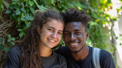 Young multiracial diverse couple sharing a moment in nature outdoors