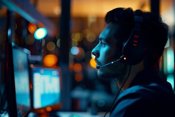 Call center agent providing customer support services to clients around the world during the night shift, resolving inquiries and issues efficiently, Generative AI - obrazy, fototapety, plakaty