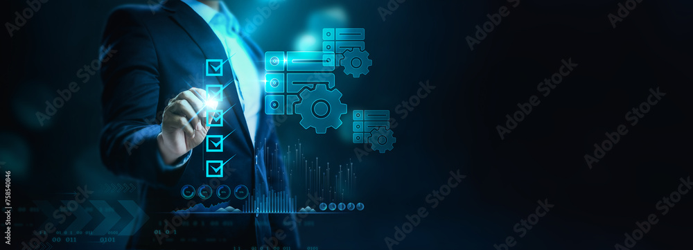 Poster analysts working with business analytics and data management systems. corporate strategy for finance