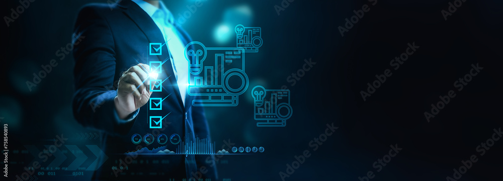 Poster business intelligence analyst dashboard on a virtual screen big data graphs and charts business inte