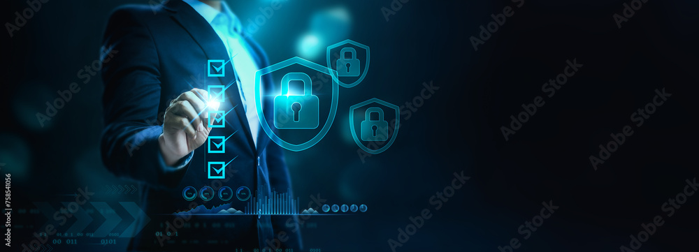 Poster businessmen should check the cybersecurity concept, user privacy security and encryption, secure int