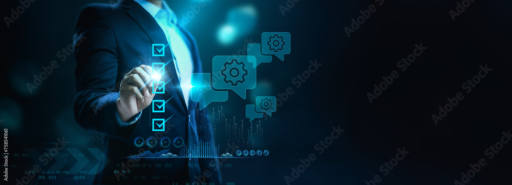 Poster consulting technology communication touchscreen futuristic concept the businessman presses the butto