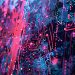 Abstract expression of digital connectivity featuring circuit-like patterns and vibrant neon lights to symbolize the digital age
