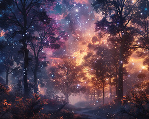 Galaxy forest, home to cosmic wolves, where starlight filters through trees, picture quality