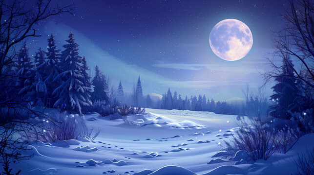 A painting depicting a snowy night lit by a bright full moon. Christmas winter mood, copy space.