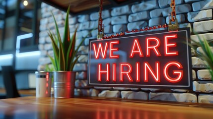 Obraz premium We are hiring LED sign. Job interview or recruitment, Job vacancy, Open positions available. Elevate your career with a team that values your potential