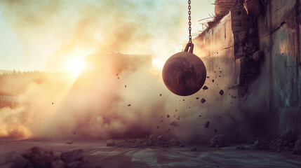 A wrecking ball hanging from a chain in motion near a building. Copy space.