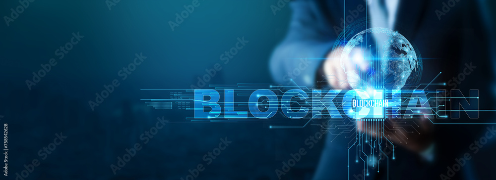 Poster Blockchain, Blockchain technology, and an engineer using Blockchain technology with a Smartphone on a Global network.