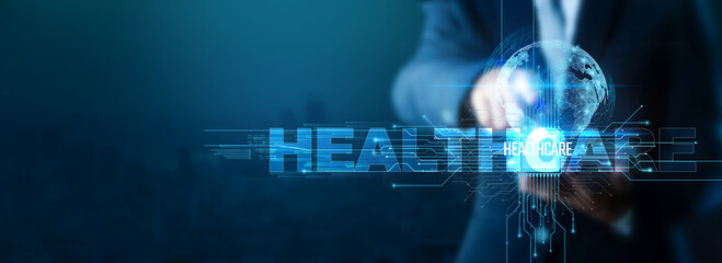 Healthcare, Healthcare technology, Businessman using healthcare technology with a smartphone on a global network, Healthcare, Global Healthcare.