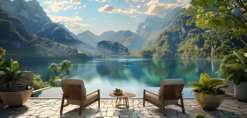 Two chairs on a terrace, framed by a painterly landscape. The lake reflects lush surroundings,...