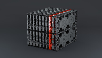 Futuristic hypercube on a dark background with red detail. Concept of high-tech metal equipment. Design of an industrial sci-fi device. 3d illustration