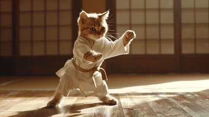 Zelfklevend Fotobehang Martial arts mirth—a cat dons a karate suit, striking poses of playful prowess. HD lens captures the feline antics seamlessly. © Muhammad