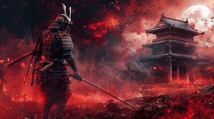 a epic samurai with a weapon sword standing in front of a old japanese temple shrine. asian culture. pc desktop wallpaper background 16:9