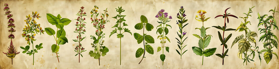 A collection of detailed botanical drawings depicting different species of medicinal plants. Concept of naturopath, holistic therapist. Banner.